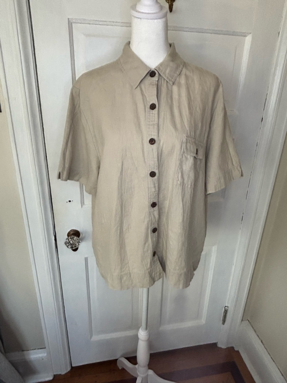 Appleseed's Beige Short-Sleeve Linen Blend Button-Down Shirt